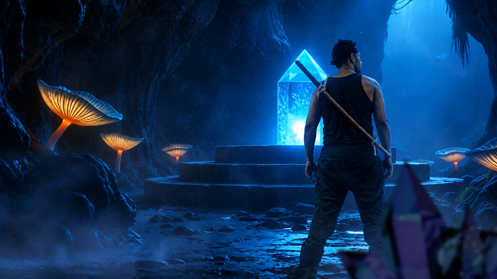 Koga facing a radiant crystal inside a cavern